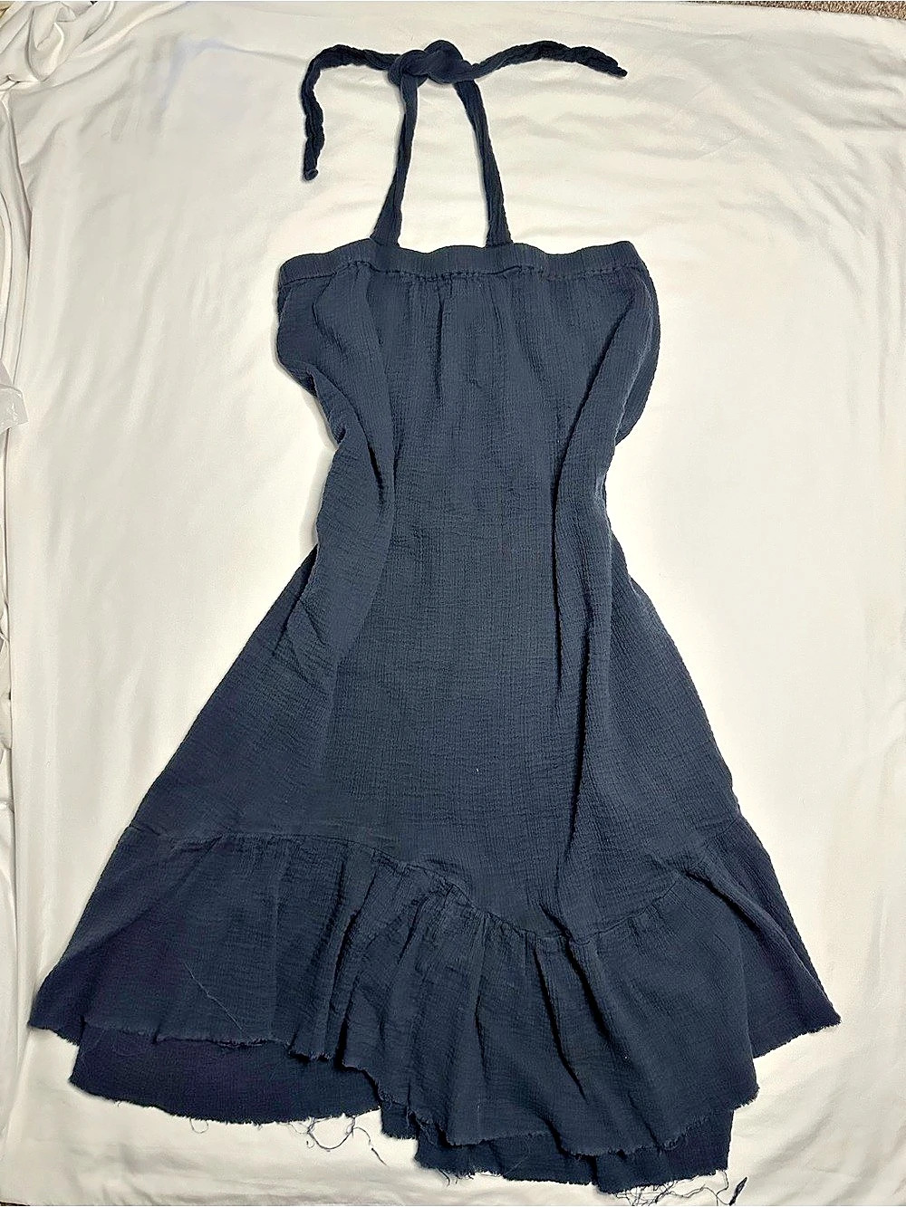 World Market navy blue halter maxi dress with elastic pit to pit and frayed hem